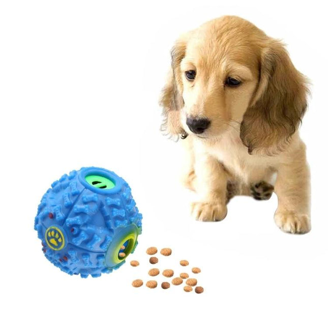 Puppy playing with blue treat-dispensing Chew Ball Toy for Everyday Pet Play and Training Fun