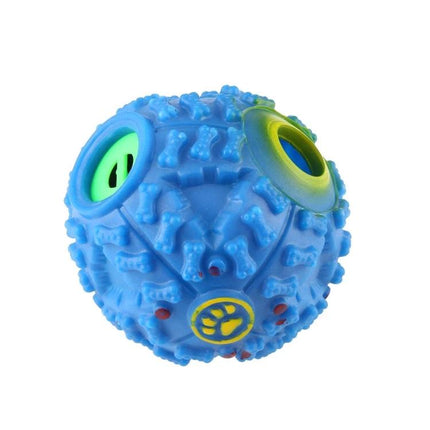 Chew Ball Toy for Everyday Pet Play and Training Fun - blue textured treat-dispensing dog chew ball with bone and paw patterns