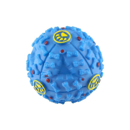 Chew Ball Toy for Everyday Pet Play and Training Fun - blue textured rubber ball with footprints and bone patterns for dog play and treat filling