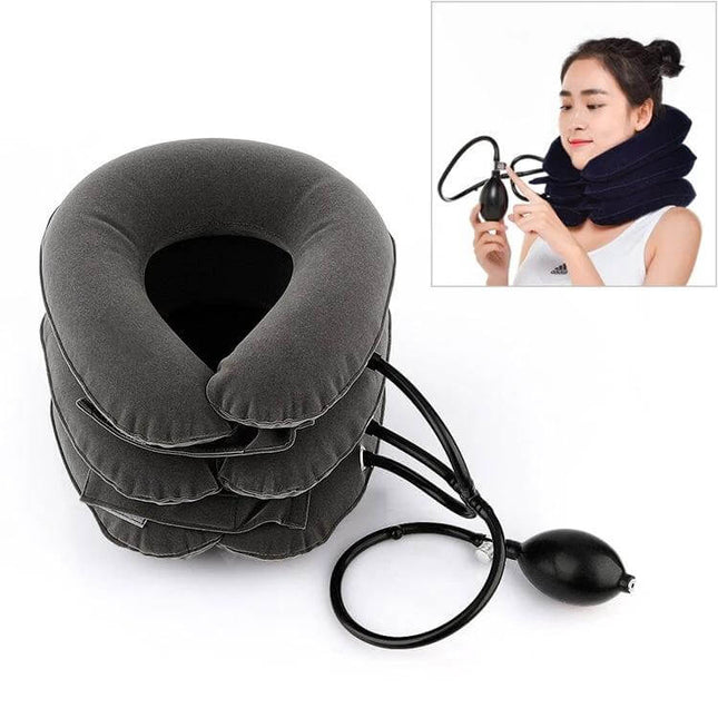 Full Cashmere Cervical Traction Instrument For Neck Relief Black inflatable three-tube neck support with large metal valve and adjustable strap