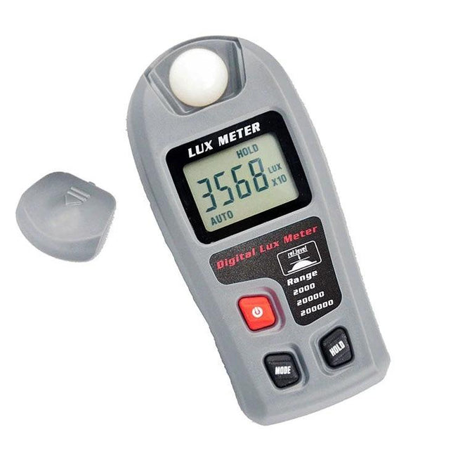 Portable Digital Lux Meter for Home and Workplace Use handheld gray lux meter showing 3568 reading with protective cap removed