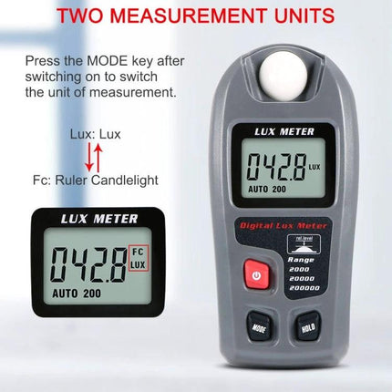 Portable Digital Lux Meter for Home and Workplace Use - handheld gray digital lux meter showing 042.8 lux on LCD, mode and hold buttons