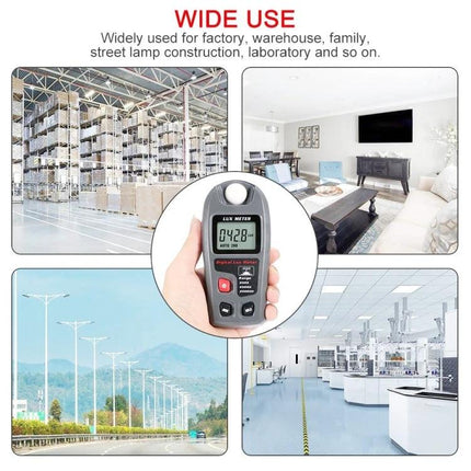 Portable Digital Lux Meter for Home and Workplace Use measuring light levels in warehouse, living room, street and laboratory settings