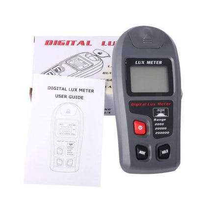 Portable Digital Lux Meter for Home and Workplace Use handheld device with LCD, buttons and user guide on white background
