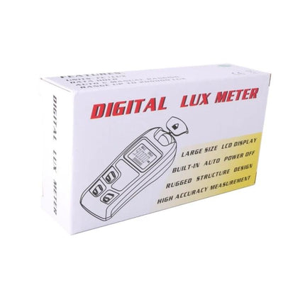 Portable Digital Lux Meter for Home and Workplace Use - white boxed digital lux meter with large LCD display illustration