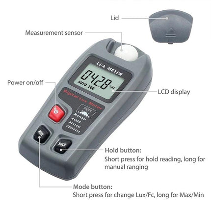Portable Digital Lux Meter for Home and Workplace Use showing LCD display, sensor, power, hold and mode buttons