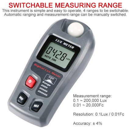 Portable Digital Lux Meter for Home and Workplace Use - handheld lux meter showing 0428 lux, range 0.1–200,000 lux, ideal for home and workplace lighting checks
