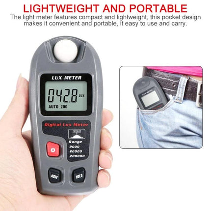 Portable Digital Lux Meter for Home and Workplace Use - handheld light meter showing 42.8 lux, pocket-sized, lightweight and portable