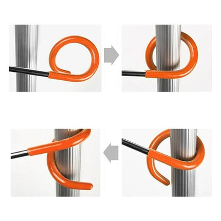 S Type Two Way Spiral Outdoor Camping Tent Light Hook Stainless Steel orange spiral hook demonstrating wrapping around pole for lantern or LED light mounting