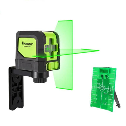 Green Beam Laser Level for Wall and Floor Alignment Projects showing device projecting perpendicular green horizontal and vertical lines for tile and shelf installation