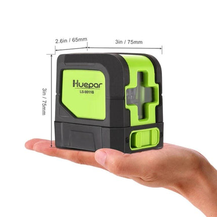 Green Beam Laser Level for Wall and Floor Alignment Projects - compact green self-leveling laser level shown on palm with dimensions for wall and floor alignment