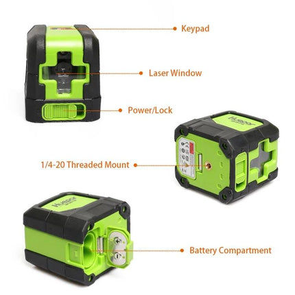 Green Beam Laser Level for Wall and Floor Alignment Projects showing keypad, laser window, power/lock, threaded mount and battery compartment