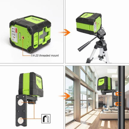 Green Beam Laser Level for Wall and Floor Alignment Projects showing green dual-line laser on tripod and wall mount for tiling, shelving, and framing