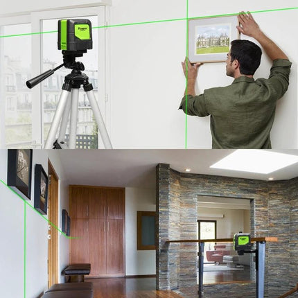 Green Beam Laser Level for Wall and Floor Alignment Projects showing self-leveling green cross lines used to hang picture and align tiles