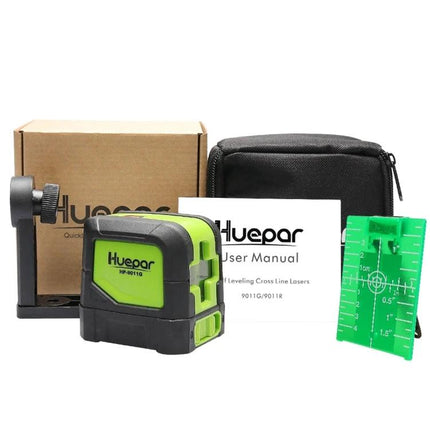 Green Beam Laser Level for Wall and Floor Alignment Projects - Huepar green cross-line laser with case, target plate, manual and mount