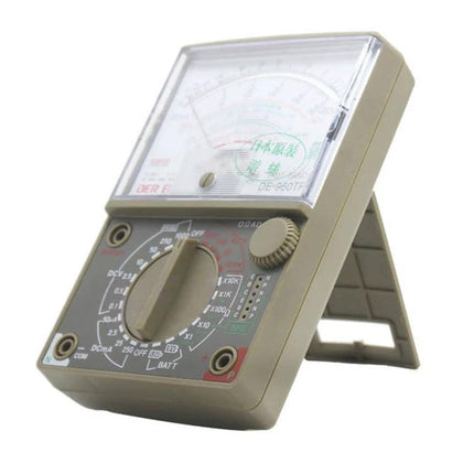 Hand-Held Digital Multimeter for Electrical Measurements showing dial, probes ports, and clear analog display for testing DC/AC voltage, current, and resistance