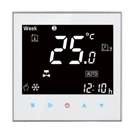 Central Air Conditioning Thermostat With Touch LCD Display showing 25°C, touch icons, chrome frame and schedule indicators