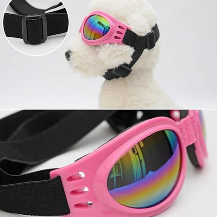 Practical Dog Sunglasses for Everyday Outdoor Adventures - pink UV400 polarized dog goggles with adjustable strap on small white dog