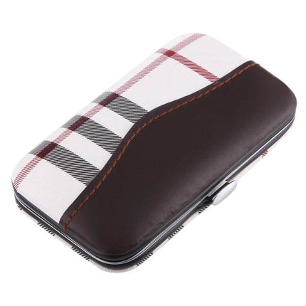 7 In 1 Nail Care Clipper Set With Leather Pouch For At Home Grooming compact plaid leather case shown closed