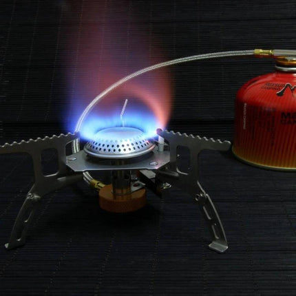 Outdoor Camping Stove For Portable BBQ Cooking Foldable - compact foldable camping stove lit with blue flame and fuel canister, 3500W portable cooking
