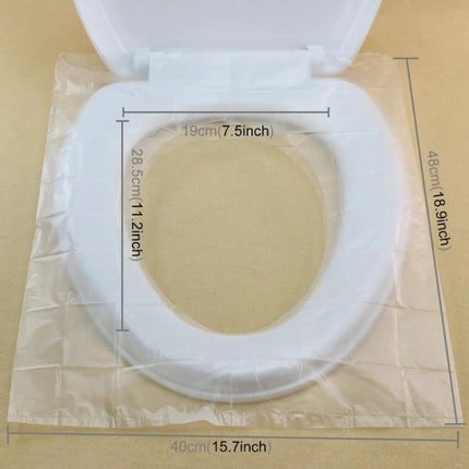Disposable Toilet Seat Covers for Travel Hygiene Needs shown on toilet seat with dimensions 40x48cm (15.7x18.9in) clear disposable cover