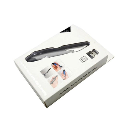 Ergonomic Pen-Style Handheld Wireless Mouse for Daily Computing in retail box showing pen-shaped wireless mouse and USB receiver