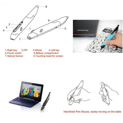 Ergonomic Pen-Style Handheld Wireless Mouse for Daily Computing shown in diagram, handheld use with laptop and touchscreen