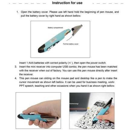 Ergonomic Pen-Style Handheld Wireless Mouse for Daily Computing shown in instruction sheet with battery cover, USB receiver and usage examples