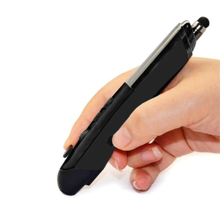 Pen-Style Wireless Handheld Mouse for Presentations and Meetings held in hand controlling slides and cursor with ergonomic buttons