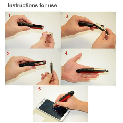 Pen-Style Wireless Handheld Mouse for Presentations and Meetings shown in step-by-step use: battery insertion, assembly and touchscreen control