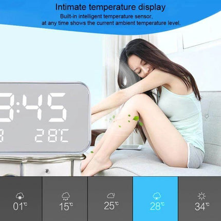 Large Screen LED Music Alarm Clock With Temperature Display showing large time, date and 28°C temperature on bedside table