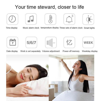Large Screen LED Music Alarm Clock With Temperature Display showing icons for time, music alarm, temperature, date, weekday and lifestyle photos