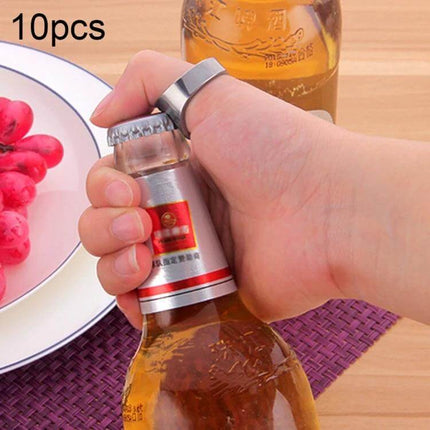 Ring Style Metal Bottle and Can Opener Set, 10 Pieces - hand using ring-style metal bottle opener on beer bottle for picnic and events