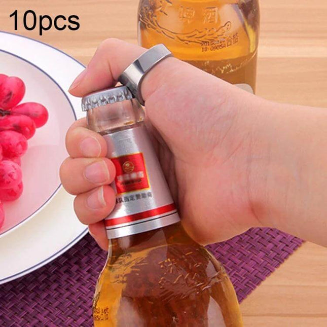 Ring Style Metal Bottle and Can Opener Set, 10 Pieces - hand using ring-style metal bottle opener on beer bottle for picnic and events