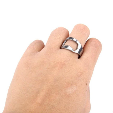 Ring Style Metal Bottle and Can Opener Set, 10 Pieces - stainless steel ring bottle opener shown worn on finger for easy one-handed bottle and can opening