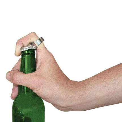 Ring Style Metal Bottle and Can Opener Set, 10 Pieces - metal ring bottle opener in use removing cap from green bottle