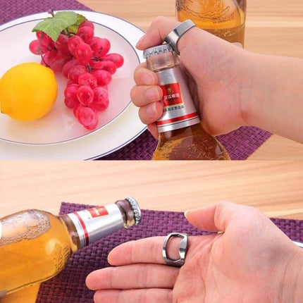 Ring Style Metal Bottle and Can Opener Set, 10 Pieces - metal ring bottle opener in use on beer bottle, compact 10-piece kit for picnics and events