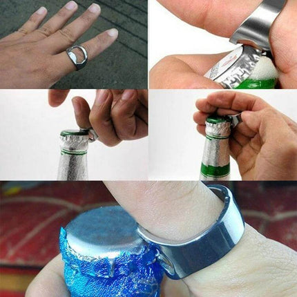 Ring Style Metal Bottle and Can Opener Set, 10 Pieces - metal ring bottle and can opener shown on finger demonstrating opening bottles and cans