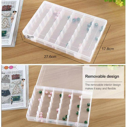 Plastic Jewelry Organizer Box With Removable Grid For Earrings - clear PP/PS compartment case for earrings, rings, beads, and small hardware (27.6x17.8x5.3cm)