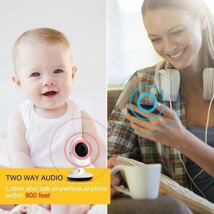 Wireless Baby Monitor with Night Vision for Secure Infant Monitoring showing baby camera view, two-way audio and parent checking monitor on phone