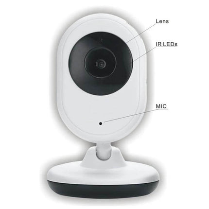 Wireless Baby Monitor with Night Vision for Secure Infant Monitoring showing white camera unit with lens IR LEDs and mic