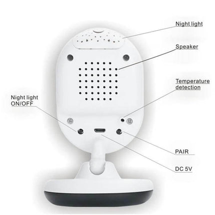 Wireless Baby Monitor with Night Vision for Secure Infant Monitoring showing rear view with speaker, night light, temperature detection, pair and DC 5V ports