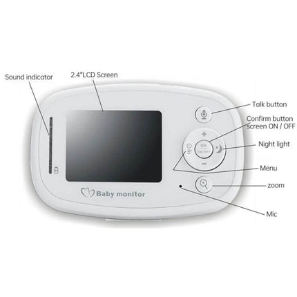 Wireless Baby Monitor with Night Vision for Secure Infant Monitoring - white parent unit with 2.4" TFT LCD, two-way audio, night light and temperature display