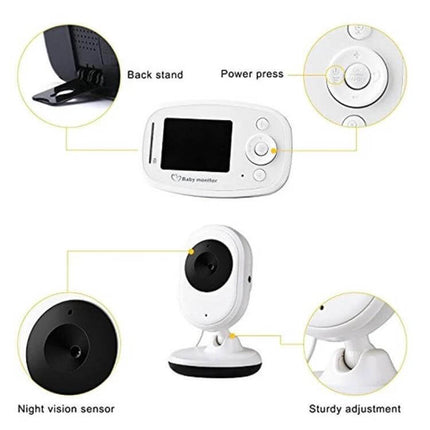 Wireless Baby Monitor with Night Vision for Secure Infant Monitoring - white monitor and camera showing 2.4-inch screen, two-way audio, night vision sensor, temperature detection