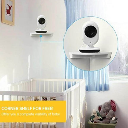 Wireless Baby Monitor with Night Vision for Secure Infant Monitoring on nursery corner shelf showing camera above crib with 2.4-inch LCD, two-way audio and temperature detection