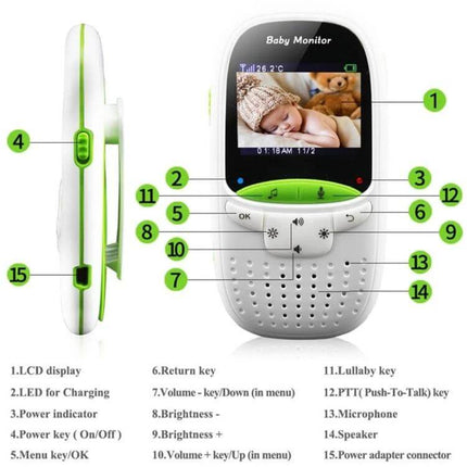 Wireless Baby Monitor with Two-Way Talk and Night Vision showing front display, buttons, and labeled features for parents monitoring baby