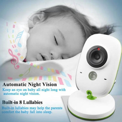 Wireless Baby Monitor with Two-Way Talk and Night Vision showing camera beside sleeping baby with lullabies and night vision features
