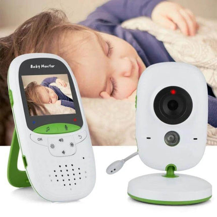 Wireless Baby Monitor with Two-Way Talk and Night Vision showing parent monitor and camera beside sleeping baby