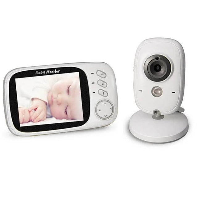 Wireless Baby Monitor with Night Vision and Two-Way Communication showing parent monitor screen with sleeping baby and separate camera unit