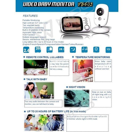 Wireless Baby Monitor with Night Vision and Two-Way Communication showing camera, parent screen, night vision, temperature and two-way talk features